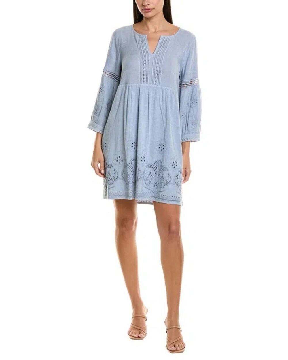S Tommy Bahama ST. LUCIA SPLIT NECK LINEN-BLEND MINI DRESS IN BLUE